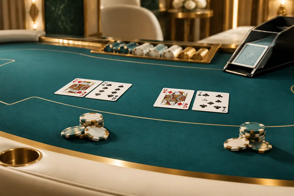 Meja baccarat dengan kartu dan cip