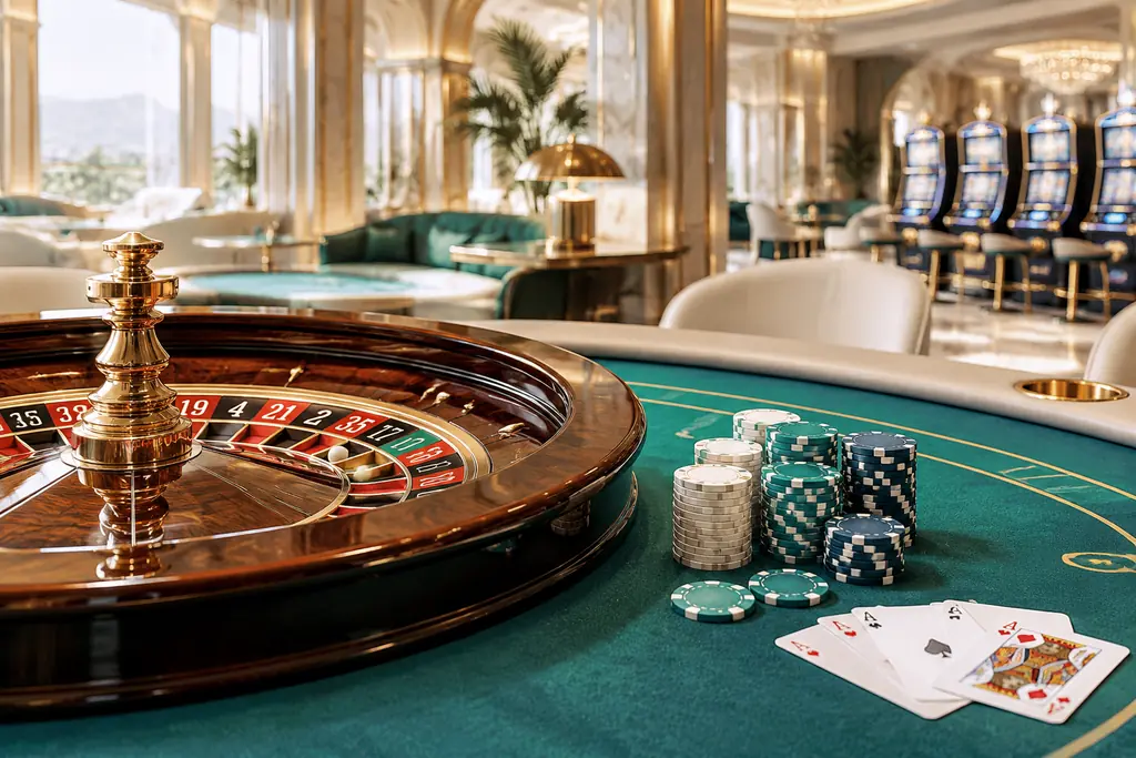 Ruang kasino dengan meja roulette, kartu, dan tumpukan cip