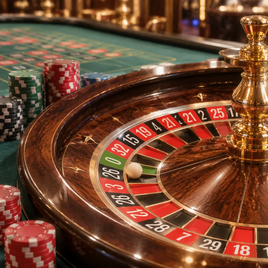 Roda roulette dan bola putih di kasino